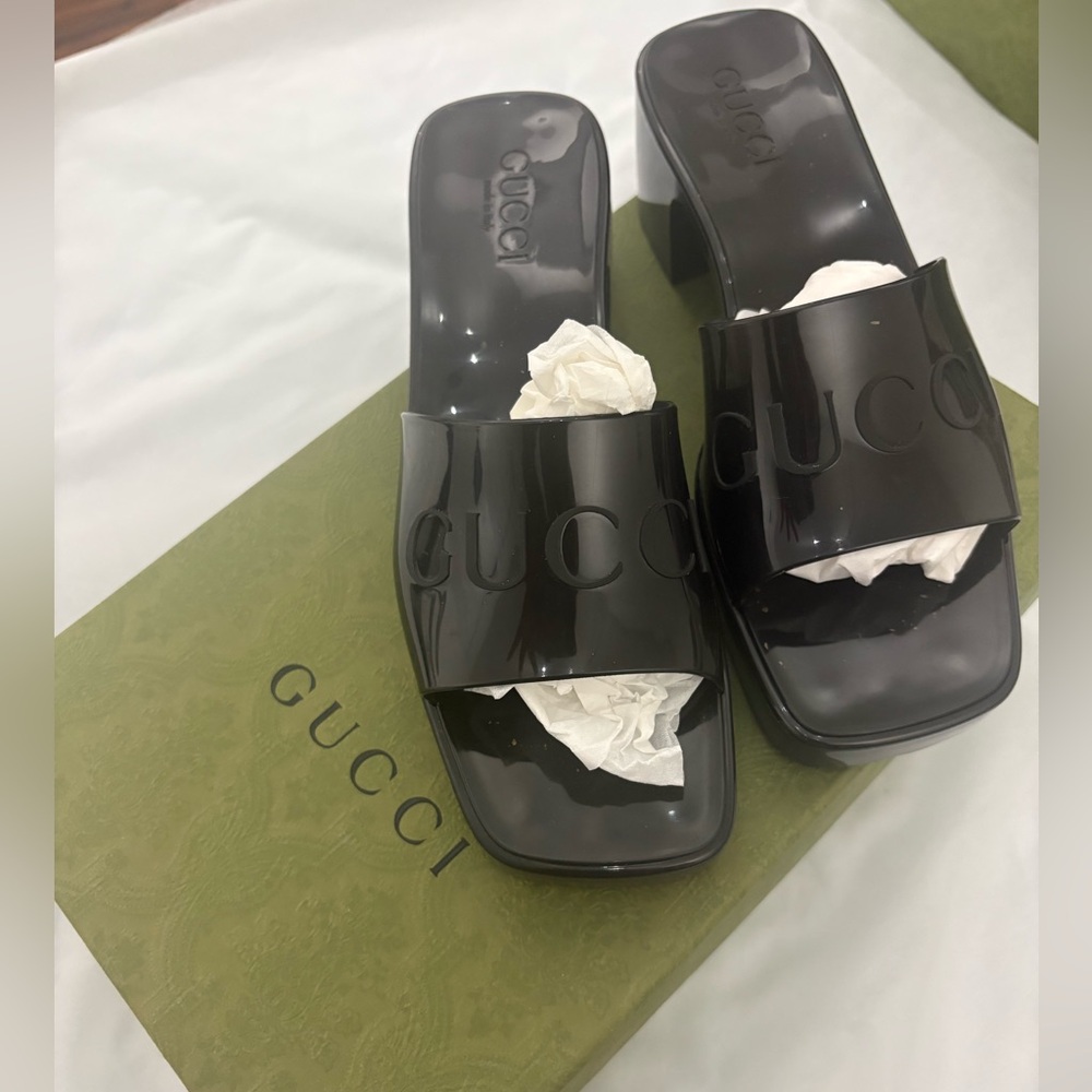 Gucci Glossy Black Logo Slide Heels